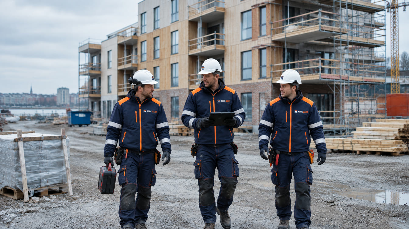 Tre faglærte håndværkere i Nordic Skilled-arbejdstøj på en dansk byggeplads